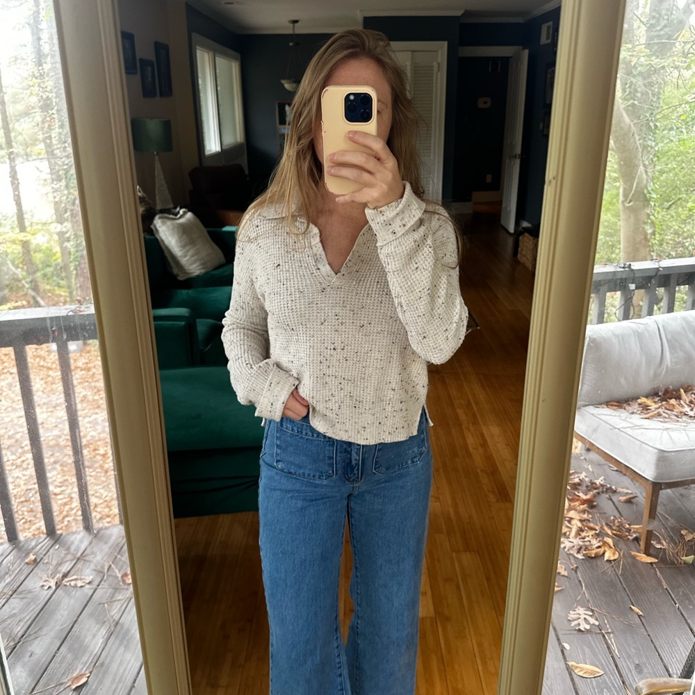 William Rast Waffle Knit Cropped Sweater Collared V-neck